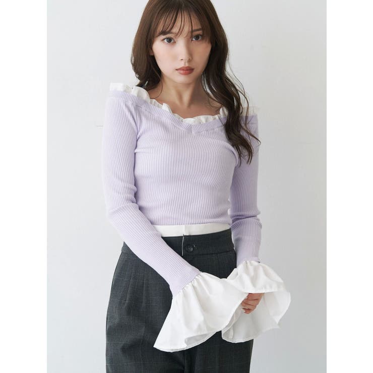 【新品】異素材オフショルニット 異素材フリルオフショルリブニット[品番：MKSW0066644]｜MERCURYDUO