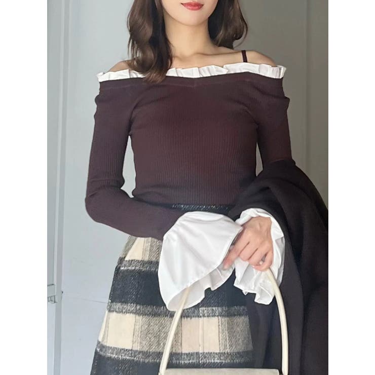 異素材フリルオフショルリブニット[品番：MKSW0066644]｜MERCURYDUO