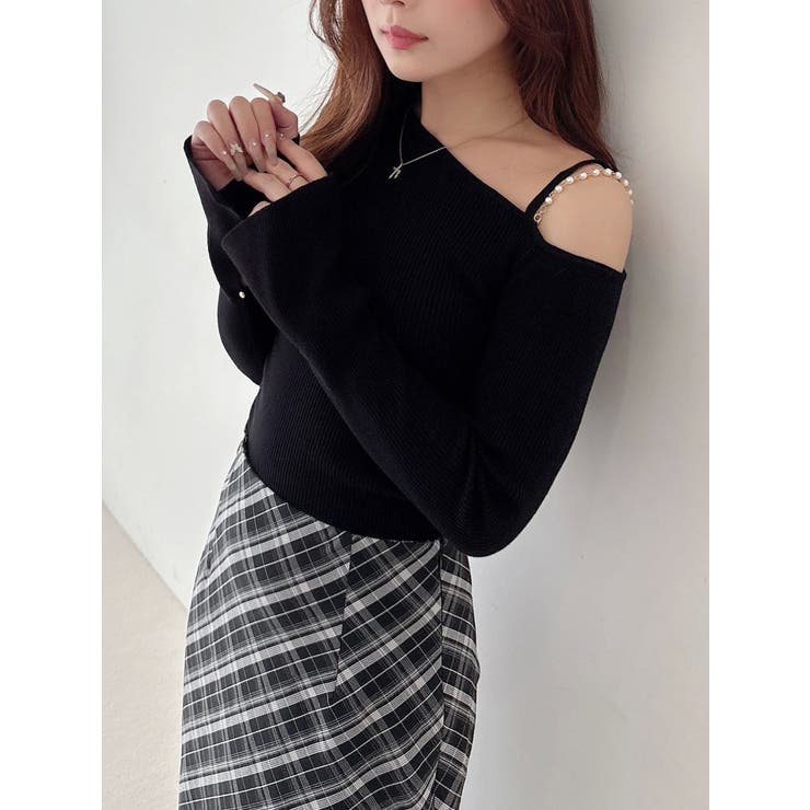 ブラック | アシメパールチェーンワンショルニット | MERCURYDUO