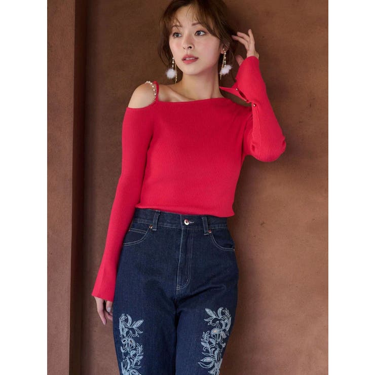 レッド | アシメパールチェーンワンショルニット | MERCURYDUO