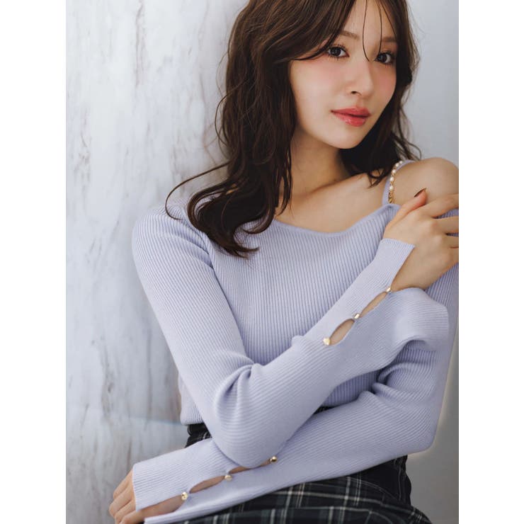 ブルー | アシメパールチェーンワンショルニット | MERCURYDUO