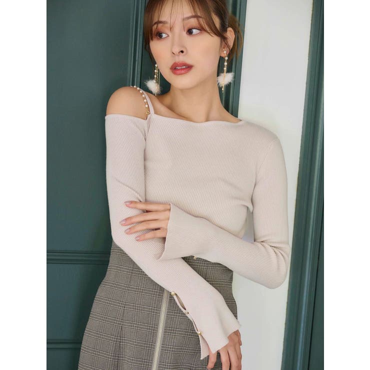 ベージュ | アシメパールチェーンワンショルニット | MERCURYDUO