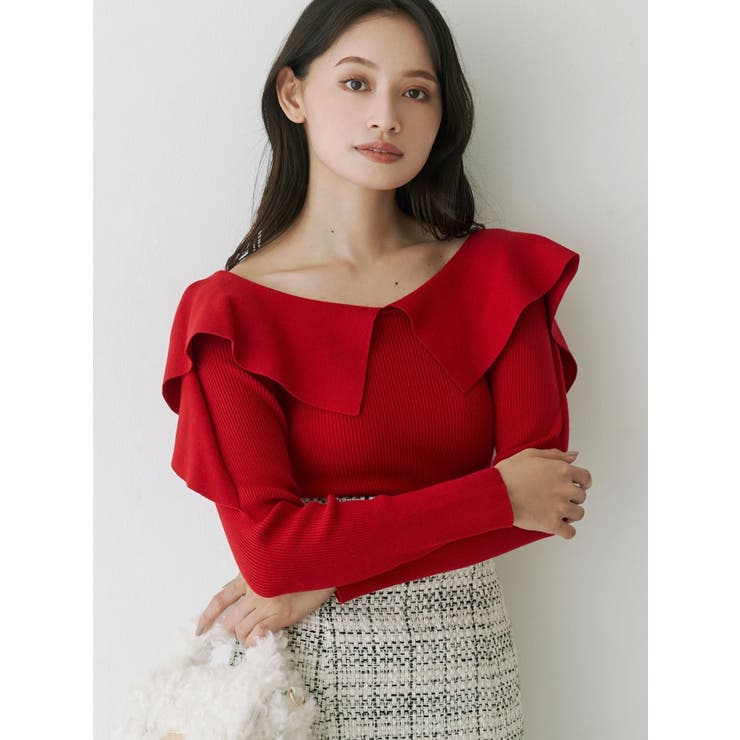 レッド | ペプラムラッフルコンパクトニット | MERCURYDUO