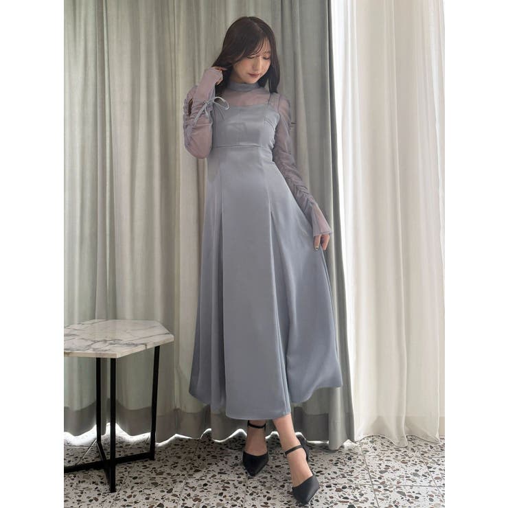 サテンシアーギャザースリーブワンピース[品番：MKSW0068070