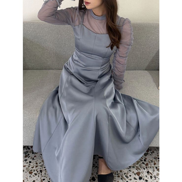 サテンシアーギャザースリーブワンピース[品番：MKSW0068070