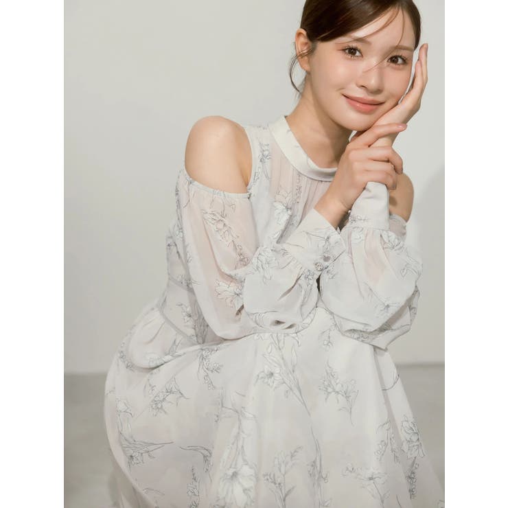 花柄バックレースアップロングスリーブワンピース | MERCURYDUO | 詳細画像3 