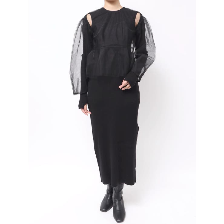 ブラック | 【OUNNOUN】チュールブラウスレイヤードワンピ | MERCURYDUO