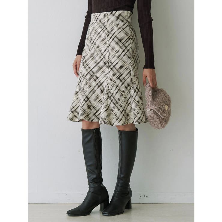 オフホワイト | オリジナルロービングチェックニーレングススカート | MERCURYDUO