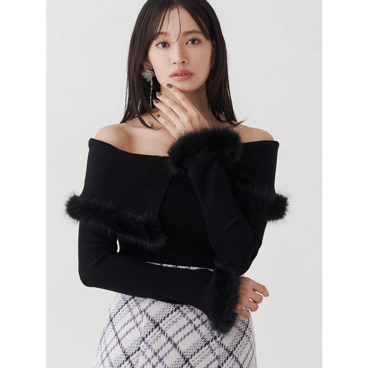 ブラック | 【WEB限定カラーあり】フェイクファートリミングニット | MERCURYDUO