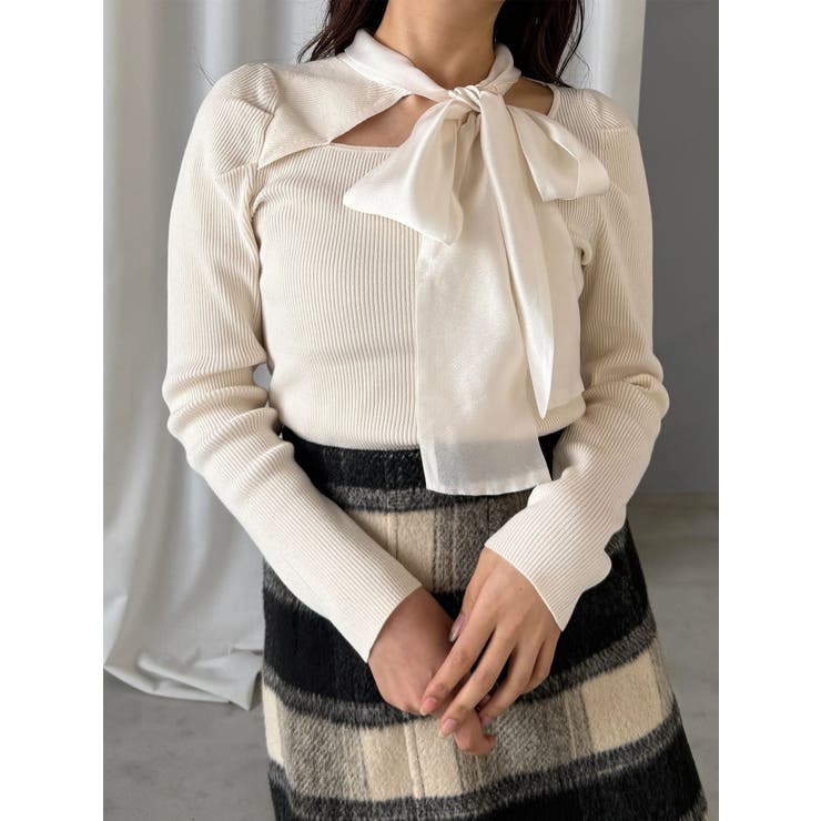 アイボリー | 異素材リボンカットアウトニット | MERCURYDUO