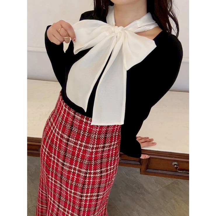 ブラック | 異素材リボンカットアウトニット | MERCURYDUO