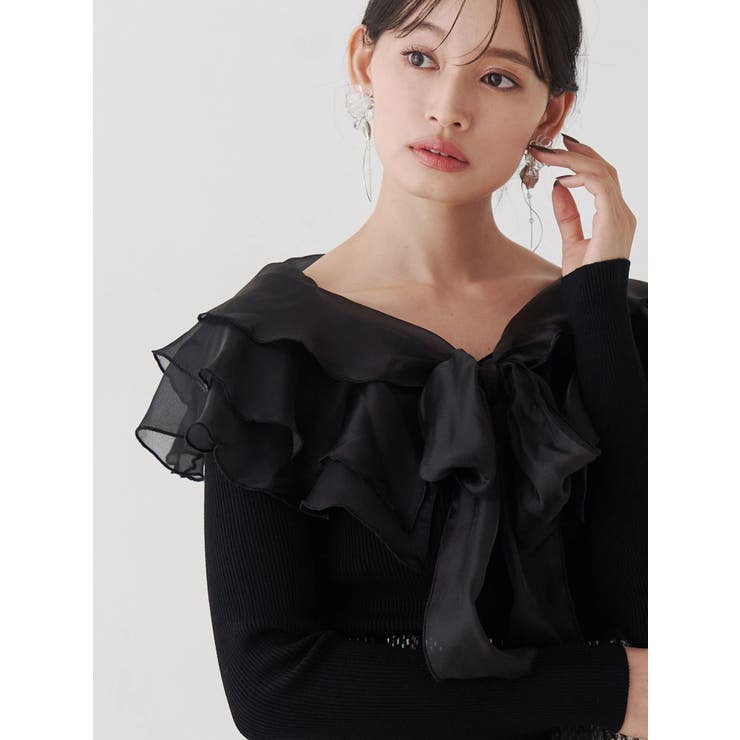 ブラック | 異素材ラッフルリボンリブニット | MERCURYDUO