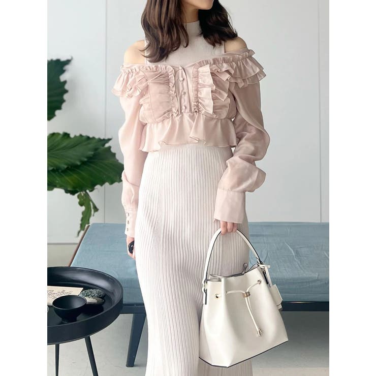 ベージュ | 異素材ドッキングラッフルニットワンピース | MERCURYDUO