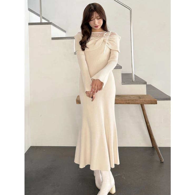 レース切替オフショルニットワンピース | MERCURYDUO | 詳細画像3 