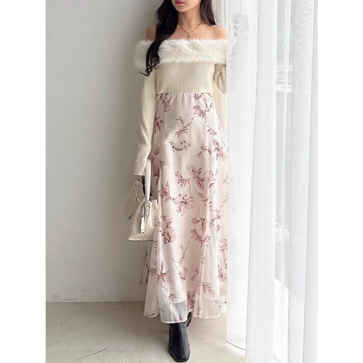 アイボリー | 花柄オフショルニットドッキングワンピース | MERCURYDUO