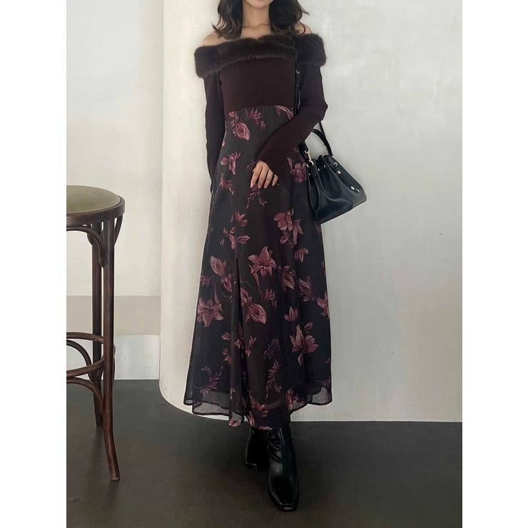 ブラウン | 花柄オフショルニットドッキングワンピース | MERCURYDUO