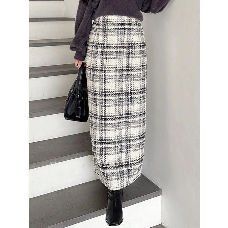 オフホワイト | チェックツィードタイトスカート | MERCURYDUO