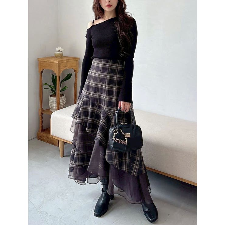 追加生産】異素材使いティアードスカート[品番：MKSW0067533