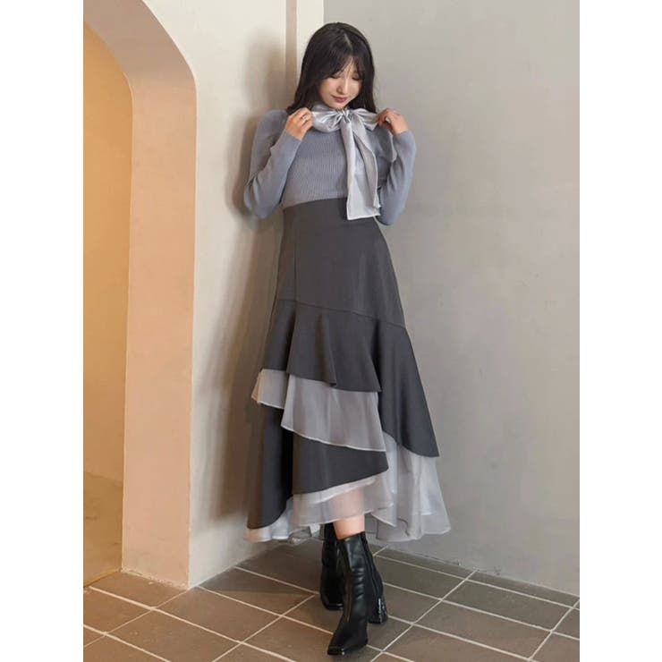 追加生産】異素材使いティアードスカート[品番：MKSW0067533