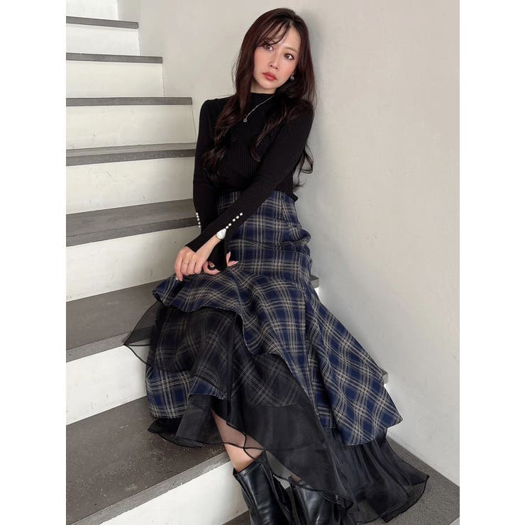 追加生産】異素材使いティアードスカート[品番：MKSW0067533