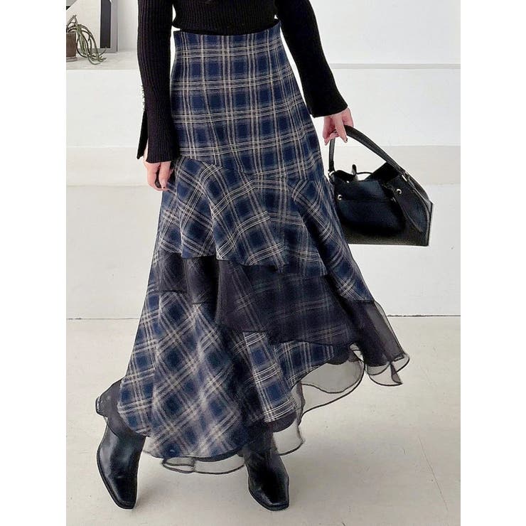 追加生産】異素材使いティアードスカート[品番：MKSW0067533