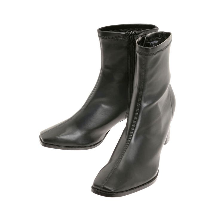 ブラック | フェイクレザースクエアトゥストレッチショートブーツ | MERCURYDUO