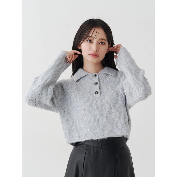 グレー | ケーブルポロ衿ニット | MERCURYDUO