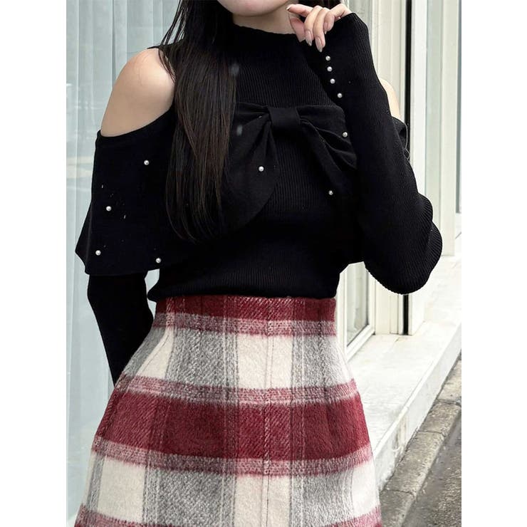 ブラック | オフショルリボンパールニット | MERCURYDUO