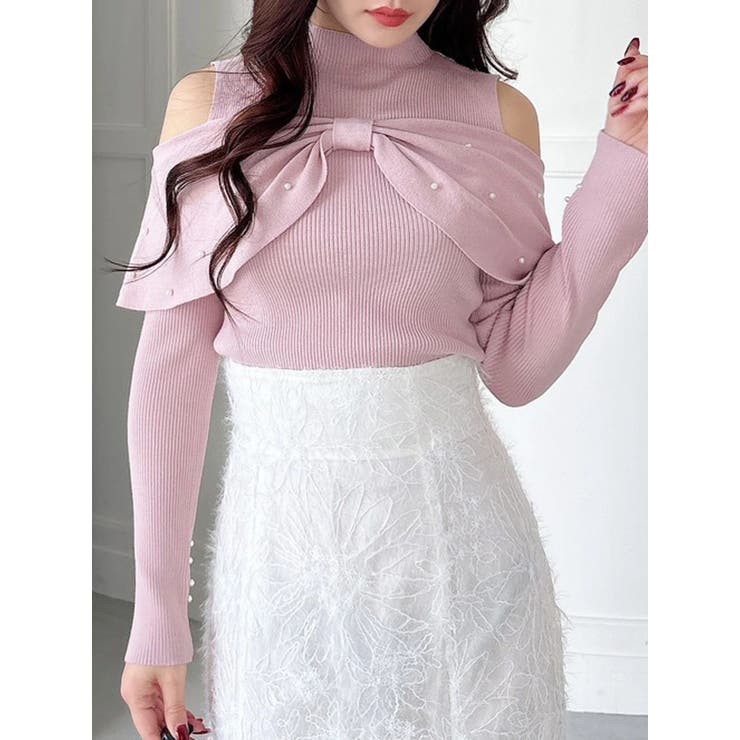 ピンク | オフショルリボンパールニット | MERCURYDUO