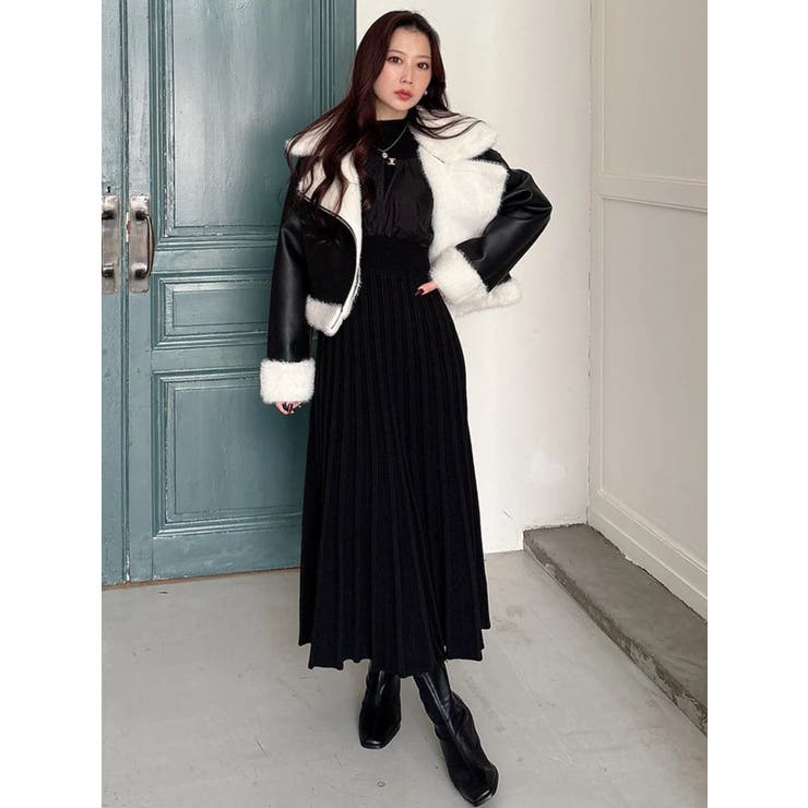 異素材ドッキングプリーツフレアニットワピース[品番：MKSW0068493