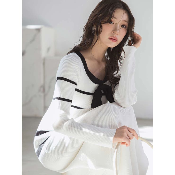 バイカラーリボンリブニットワンピース[品番：MKSW0068734