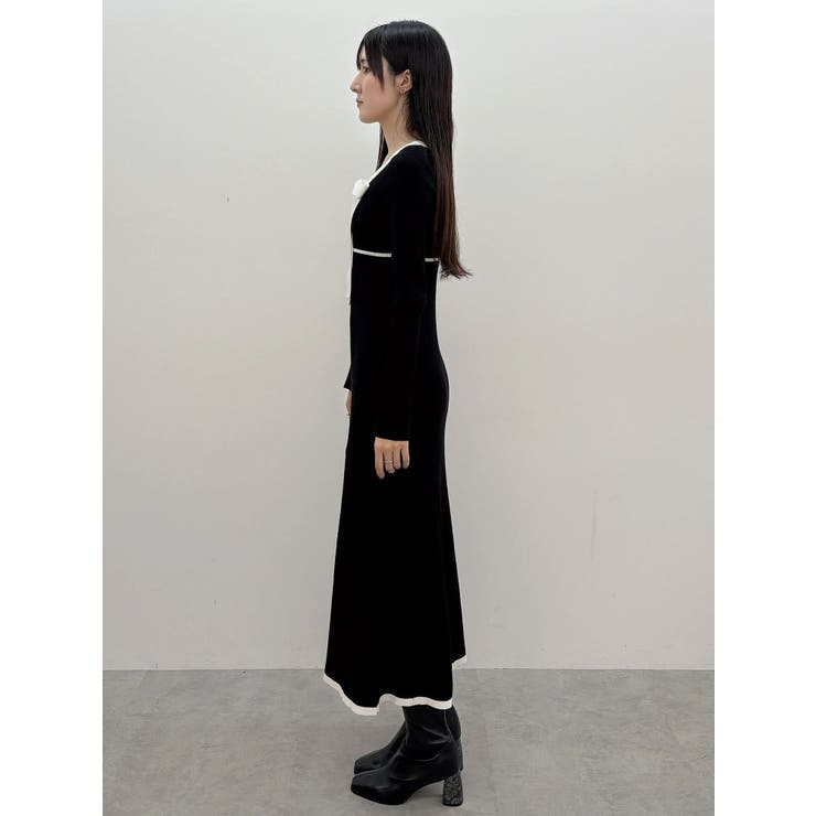 バイカラーリボンリブニットワンピース[品番：MKSW0068734