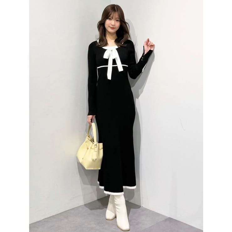 バイカラーリボンリブニットワンピース[品番：MKSW0068734