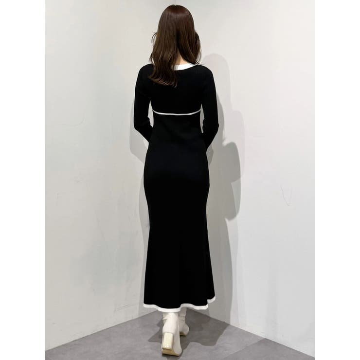 バイカラーリボンリブニットワンピース[品番：MKSW0068734