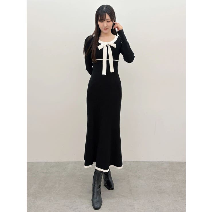 バイカラーリボンリブニットワンピース[品番：MKSW0068734