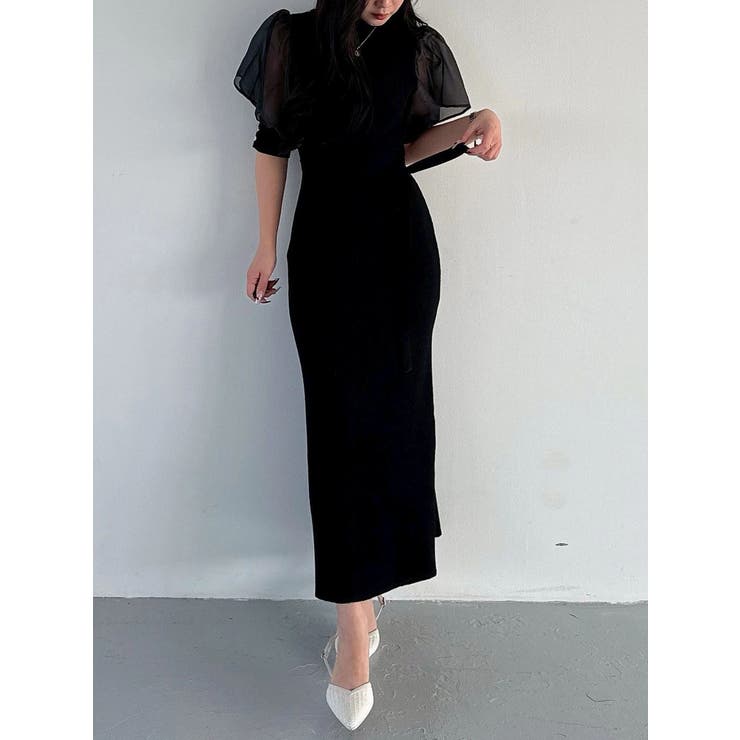 ブラック | 異素材スリーブリブマーメイドワンピース | MERCURYDUO