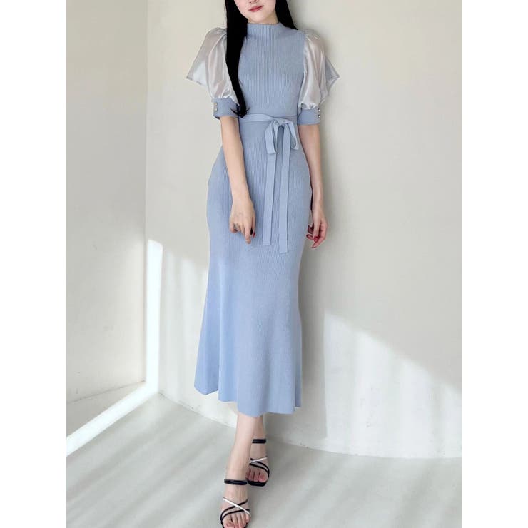 ブルー | 異素材スリーブリブマーメイドワンピース | MERCURYDUO