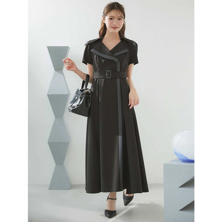 ブラック | バイカラーハーフスリーブトレンチフレアワンピース | MERCURYDUO