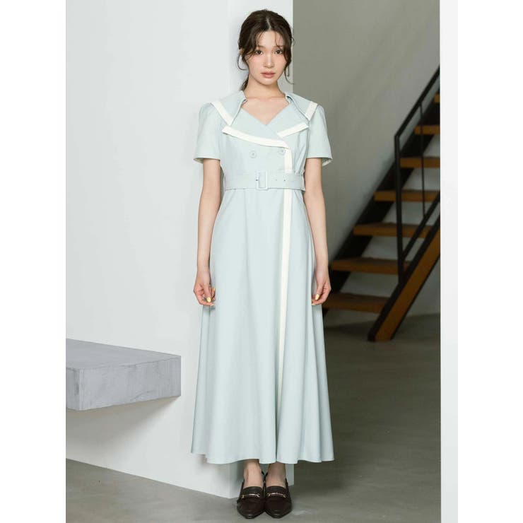 ミントグリーン | バイカラーハーフスリーブトレンチフレアワンピース | MERCURYDUO