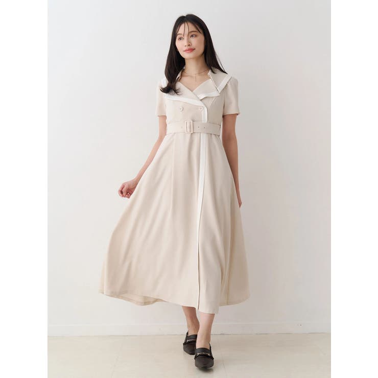 ベージュ | バイカラーハーフスリーブトレンチフレアワンピース | MERCURYDUO