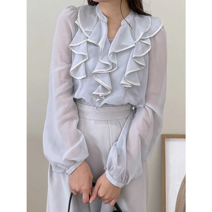 ライトグレー | ダブルラッフルバイカラーパイピングブラウス | MERCURYDUO