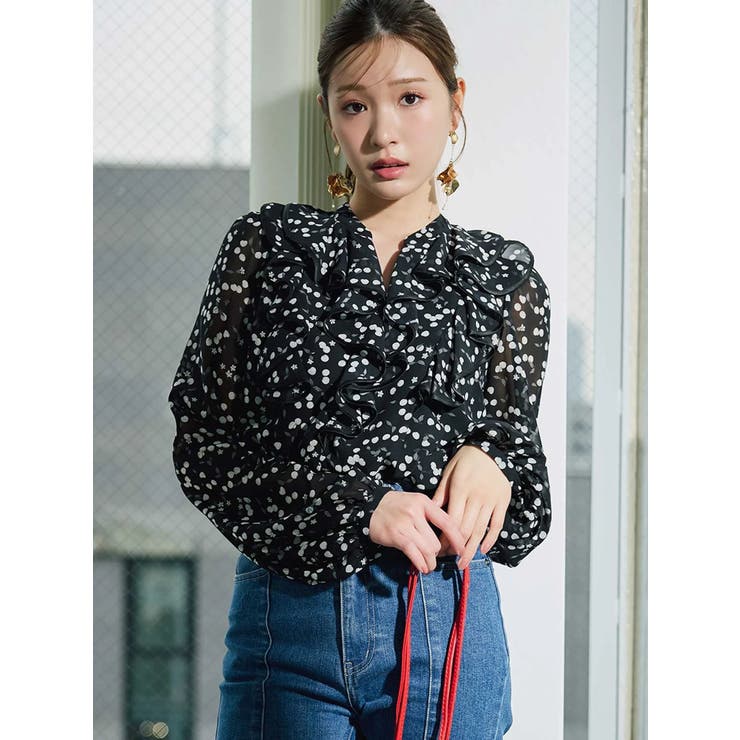 ブラック | ダブルラッフルバイカラーパイピングブラウス | MERCURYDUO