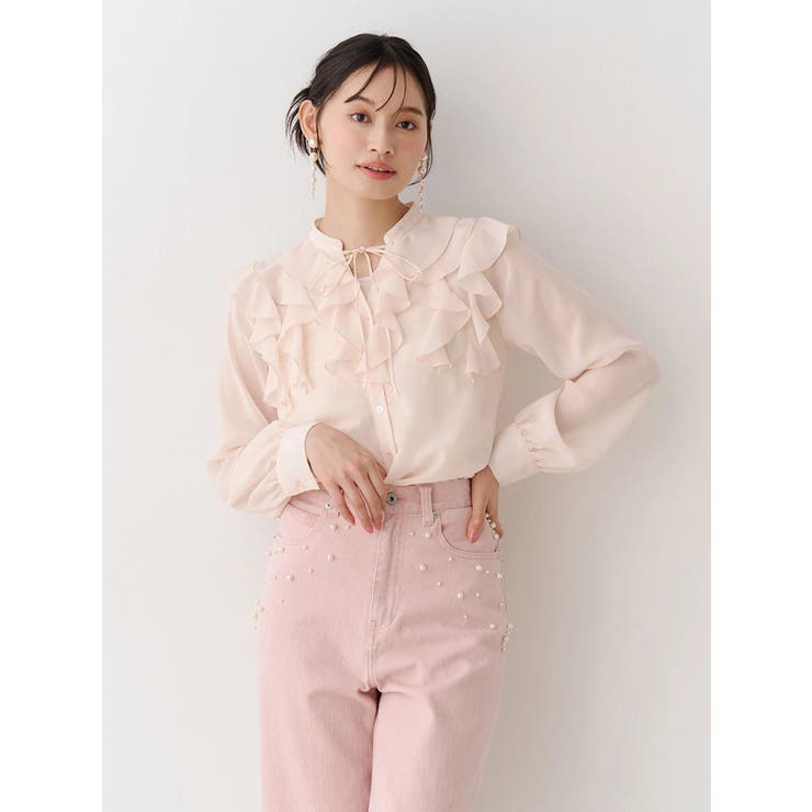 ベビーピンク | シフォンロングスリーブラッフルブラウス | MERCURYDUO