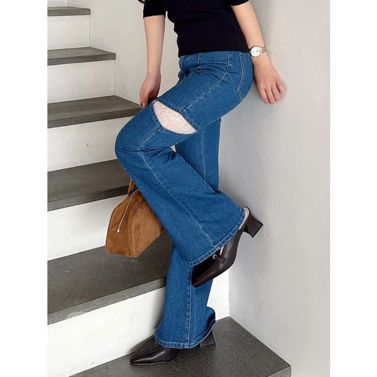 ブルー | レーストリミングカットアウトデニムパンツ | MERCURYDUO