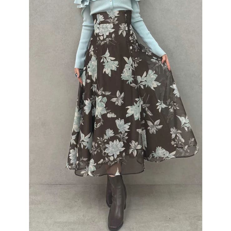 ブラウン | 花柄バックレースアップフレアスカート | MERCURYDUO