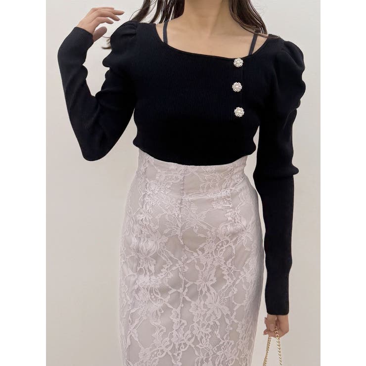 ネイビー | サイドビジューボタンパフスリーブニット | MERCURYDUO