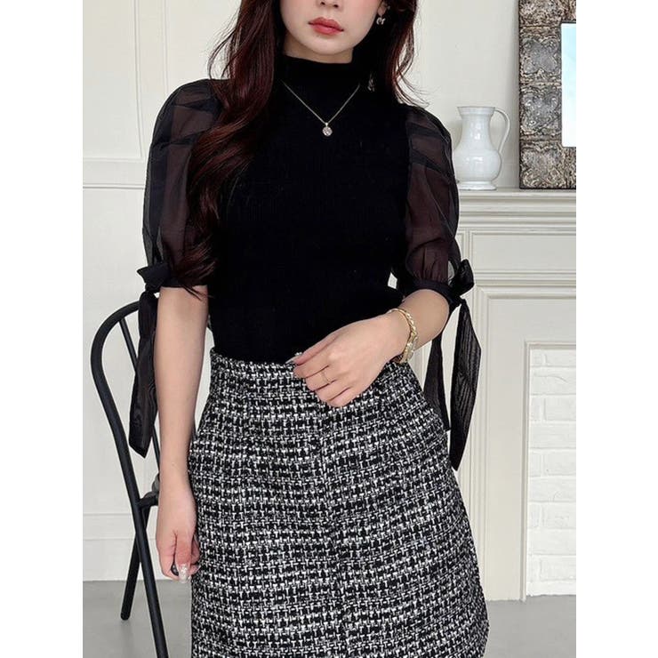 ブラック | 異素材リボンスリーブニット | MERCURYDUO