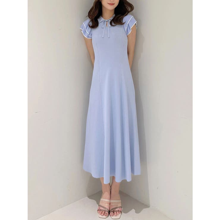 アイスブルー | ポロ衿ラッフルニットワンピース | MERCURYDUO