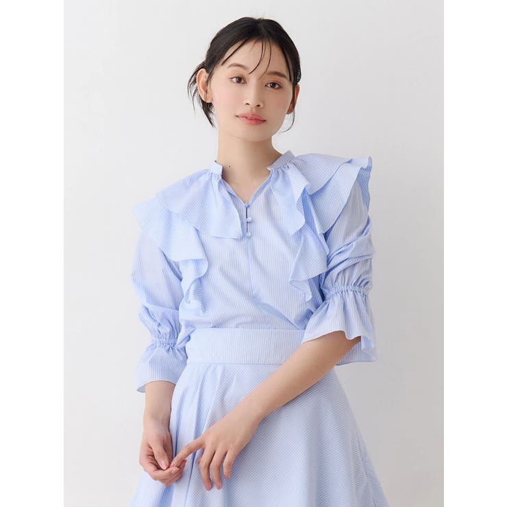 アイスブルー | 【セットアップ着用可】ラッフルシャツブラウス | MERCURYDUO