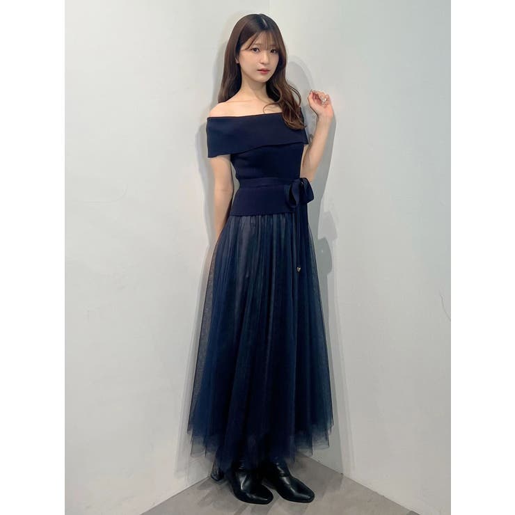 ネイビー | オフショルチュールドッキングニットワンピース | MERCURYDUO